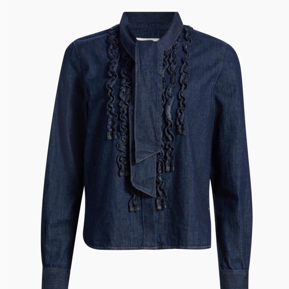 Womens Dark Blue Ruffle Front Denim Jacket
